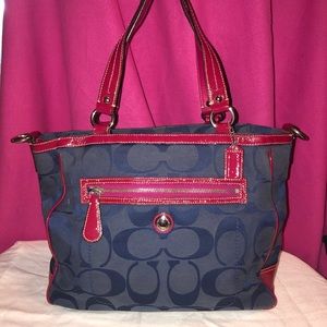 Coach Laura North South Signature Navy/Red Tote